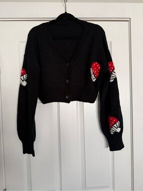 Black Cropped Cardigan Sweater with Red Mushroom Motif